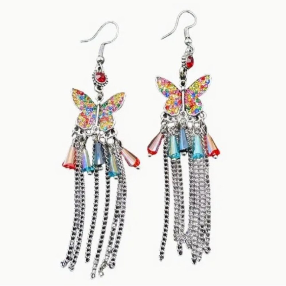 Betsey Johnson Earrings Crystal Butterfly Chain Dangle Silver Tone